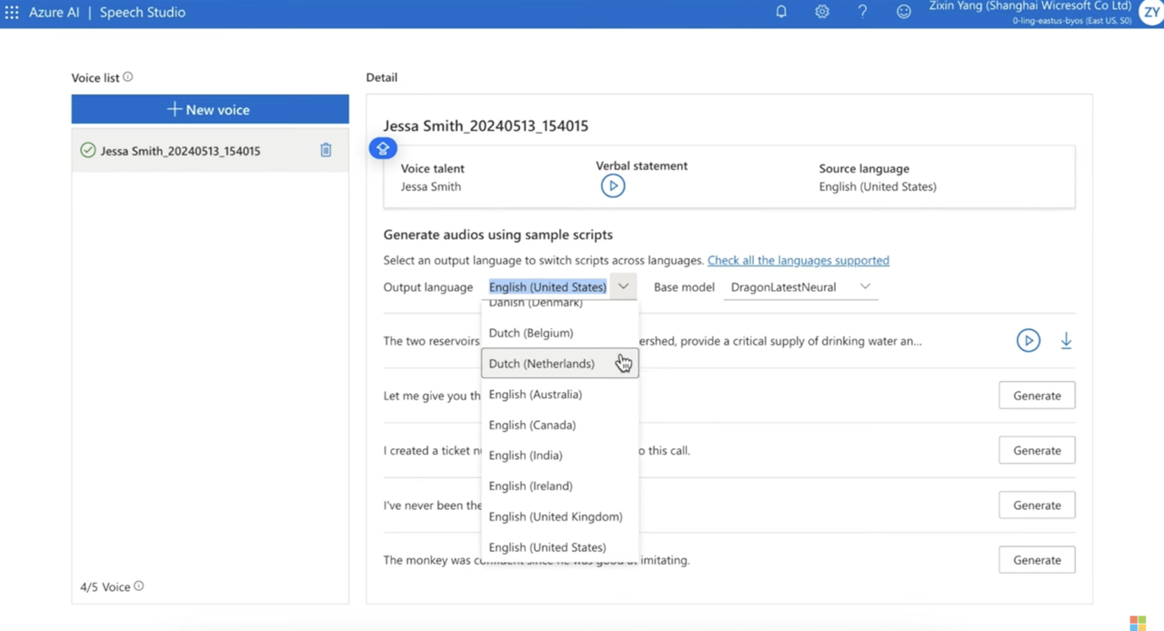 Changing the output language of Microsoft AI voice