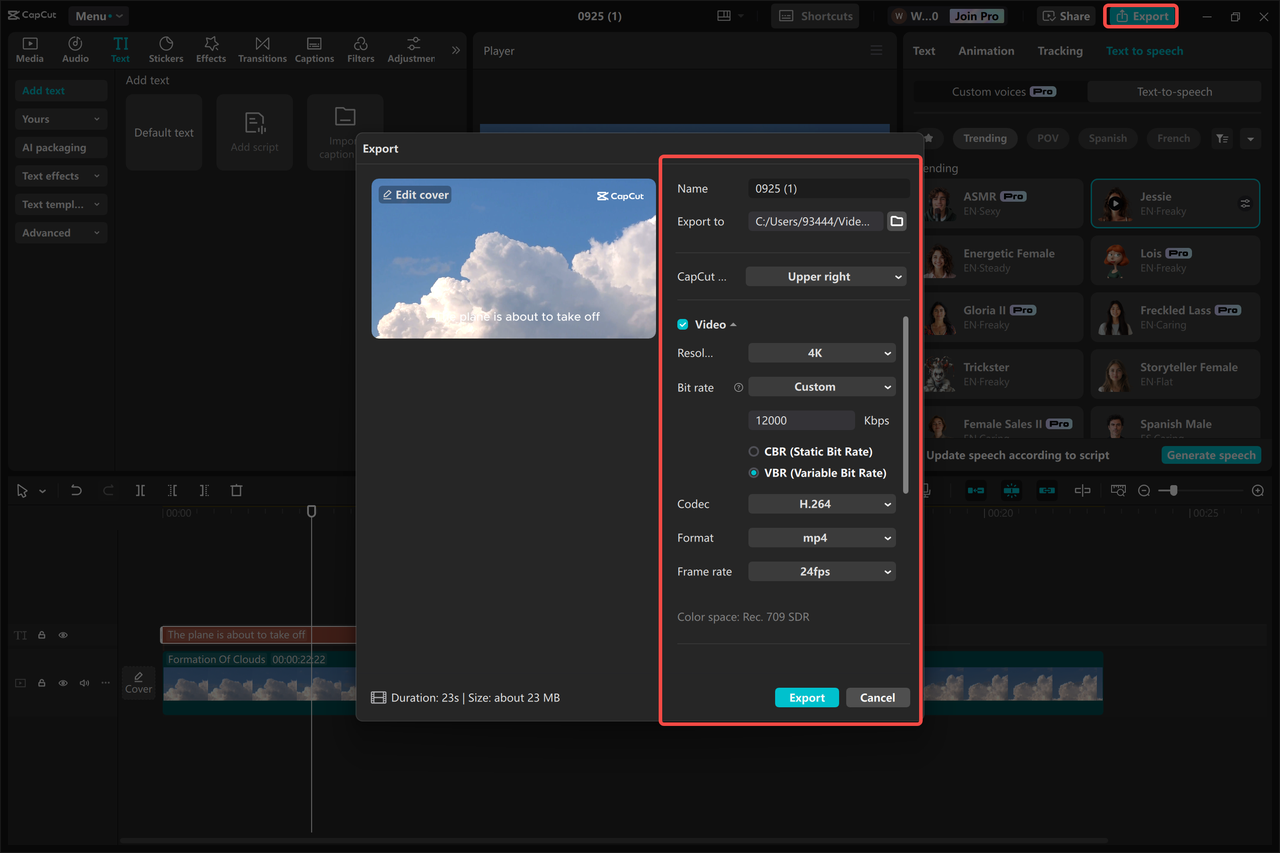 Exporting a video from the CapCut desktop video editor