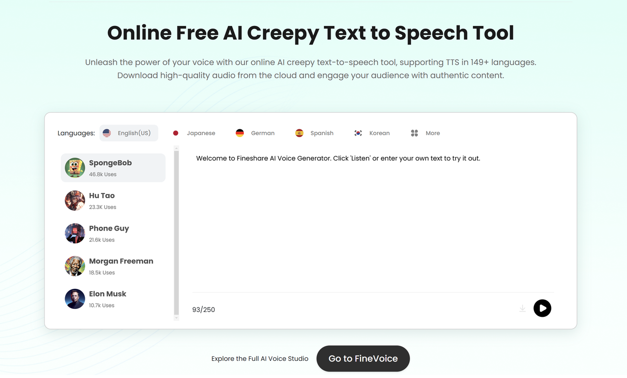 Interface of the Fineshare - an ideal tool for creepy AI voices