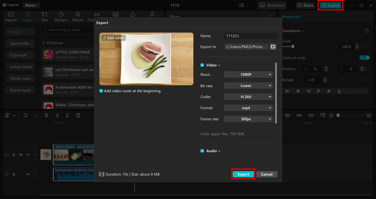 Exporting the video from the CapCut desktop video editor