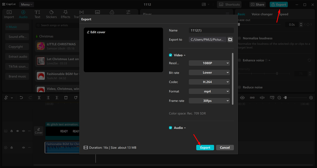 Exporting the ad from the CapCut desktop video editor