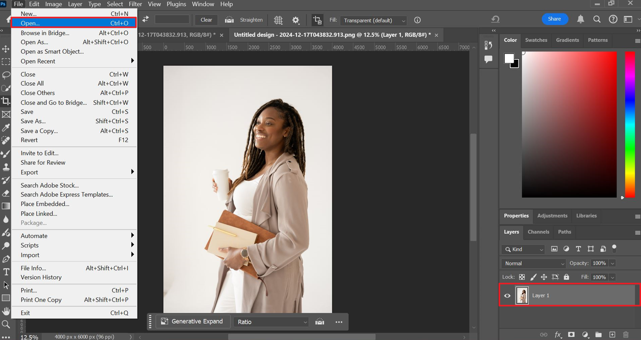 Upload your image to expand an image in Photoshop