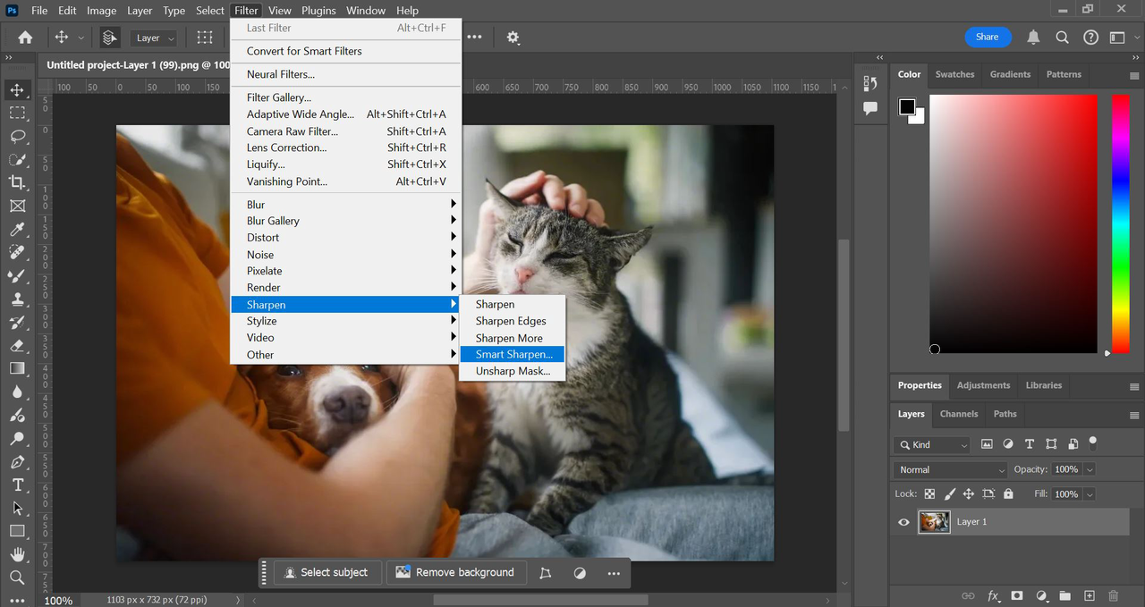 How to enhance a photo in Photoshop: Click on Smart Sharpen