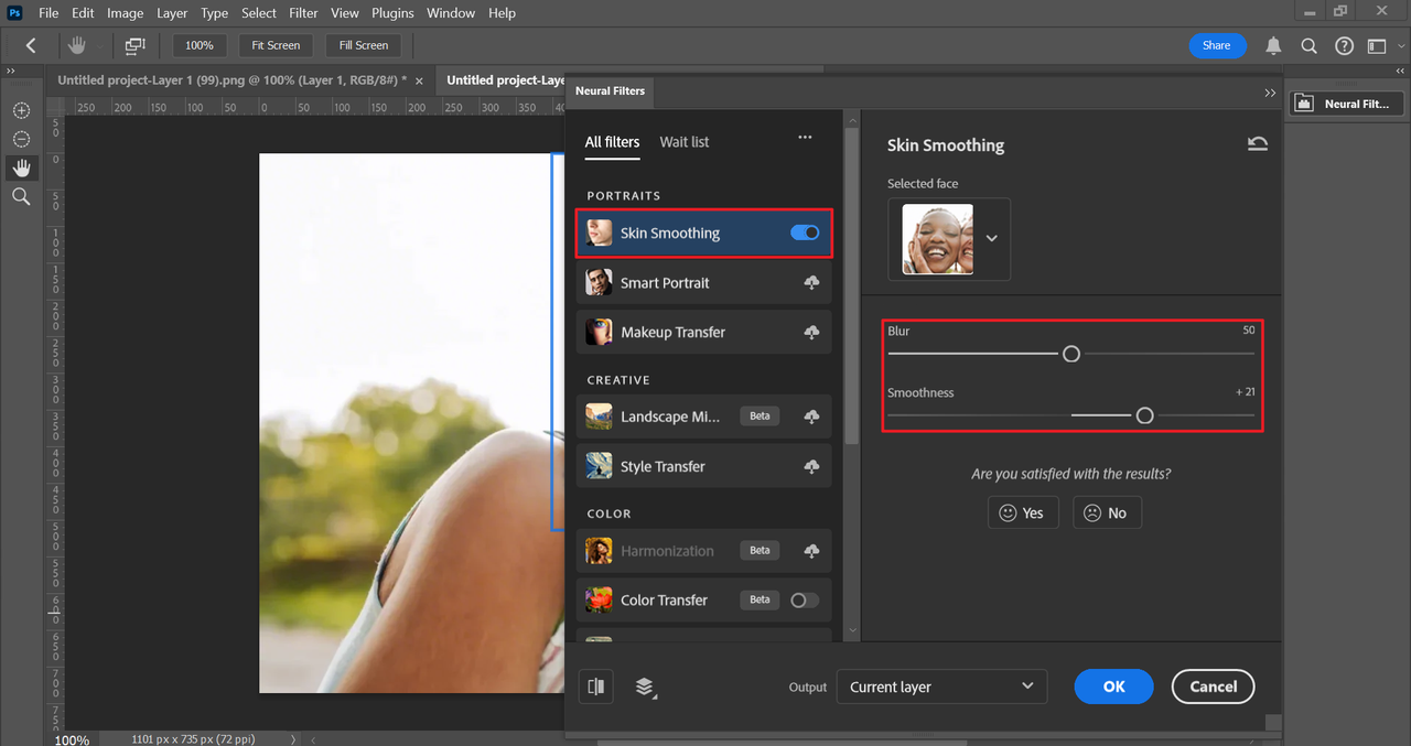 How to use Photoshop to enhance photos: toggle on Skin Smoothing