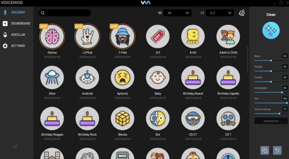 Interface of Voicemod - the perfect AI cartoon voice generator