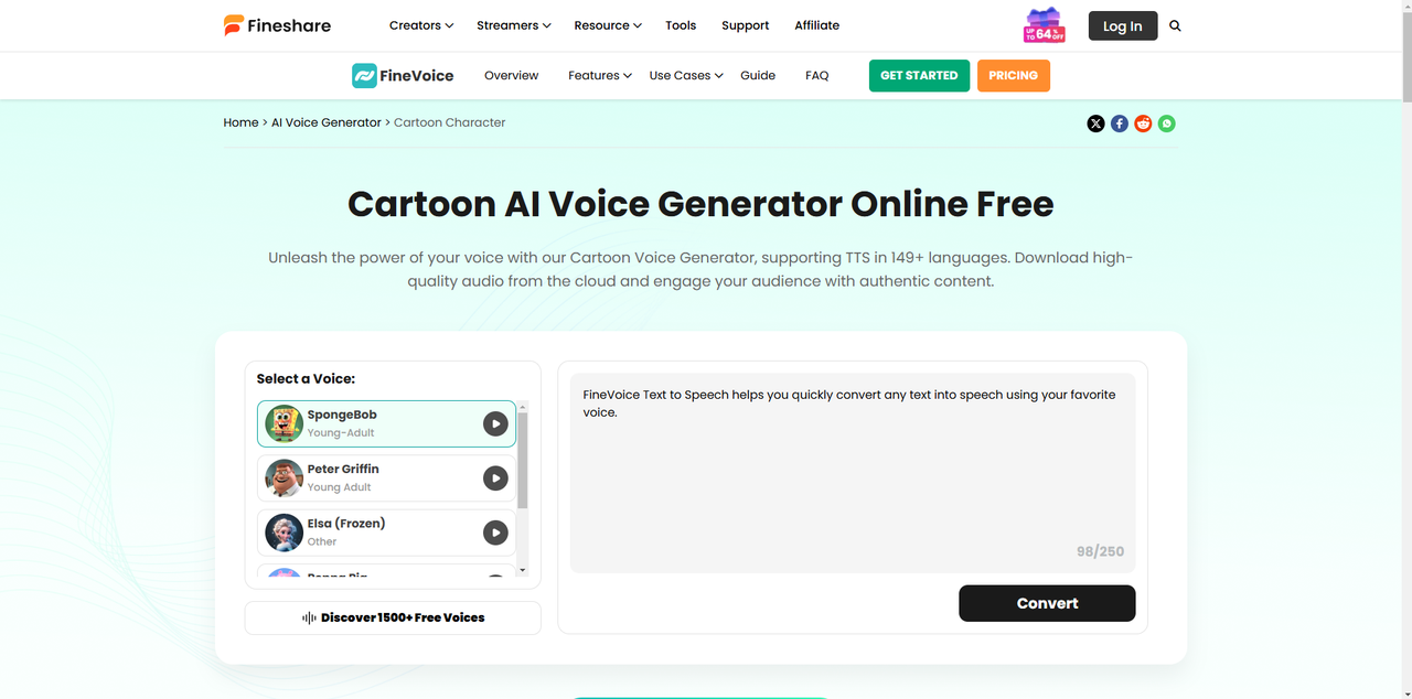 Interface of Fineshare - a user-friendly AI cartoon voice generator