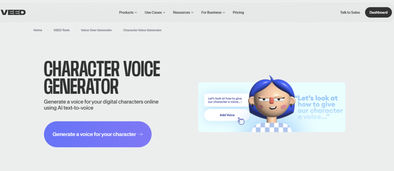 Interface of Veed.io - another online AI cartoon voice generator