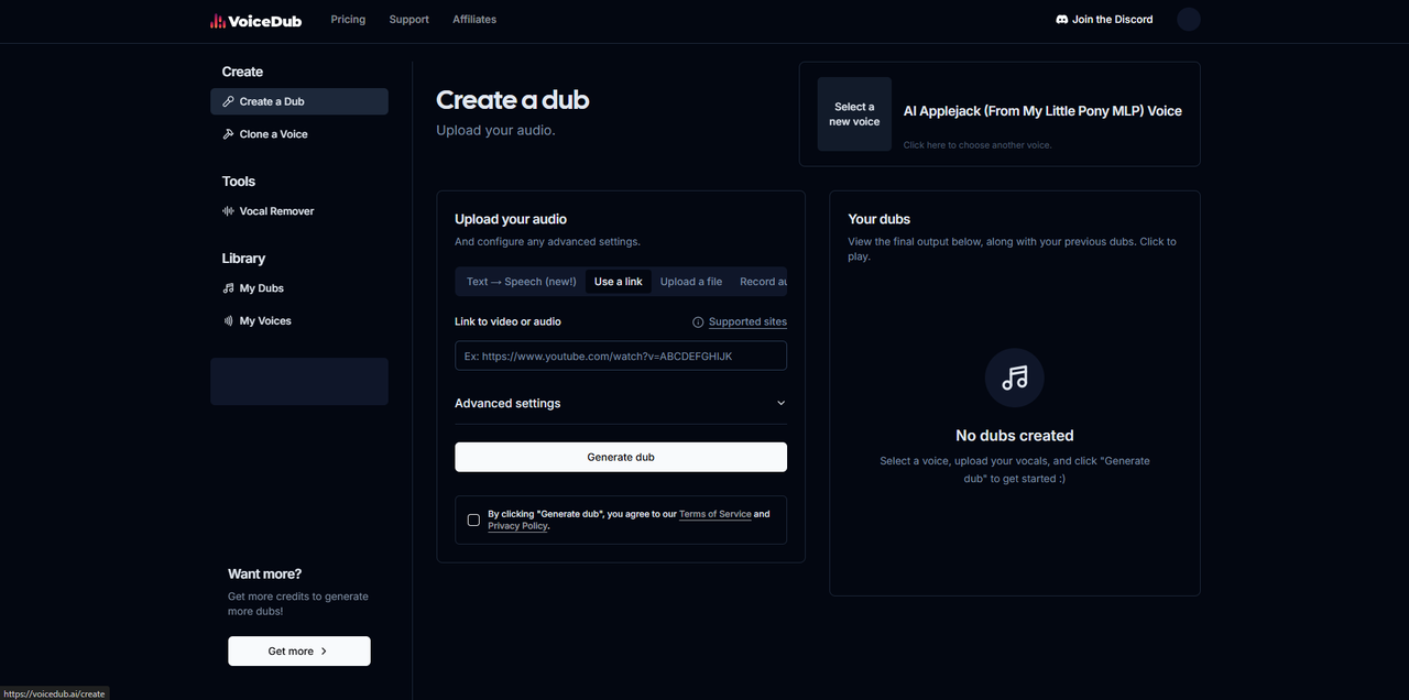 Interface of VoiceDub AI - an easy-to-use MLP AI voice generator