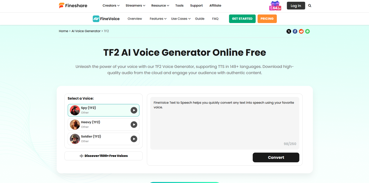 Interface of Fineshare - a valuable tool to generate TF2 AI voice