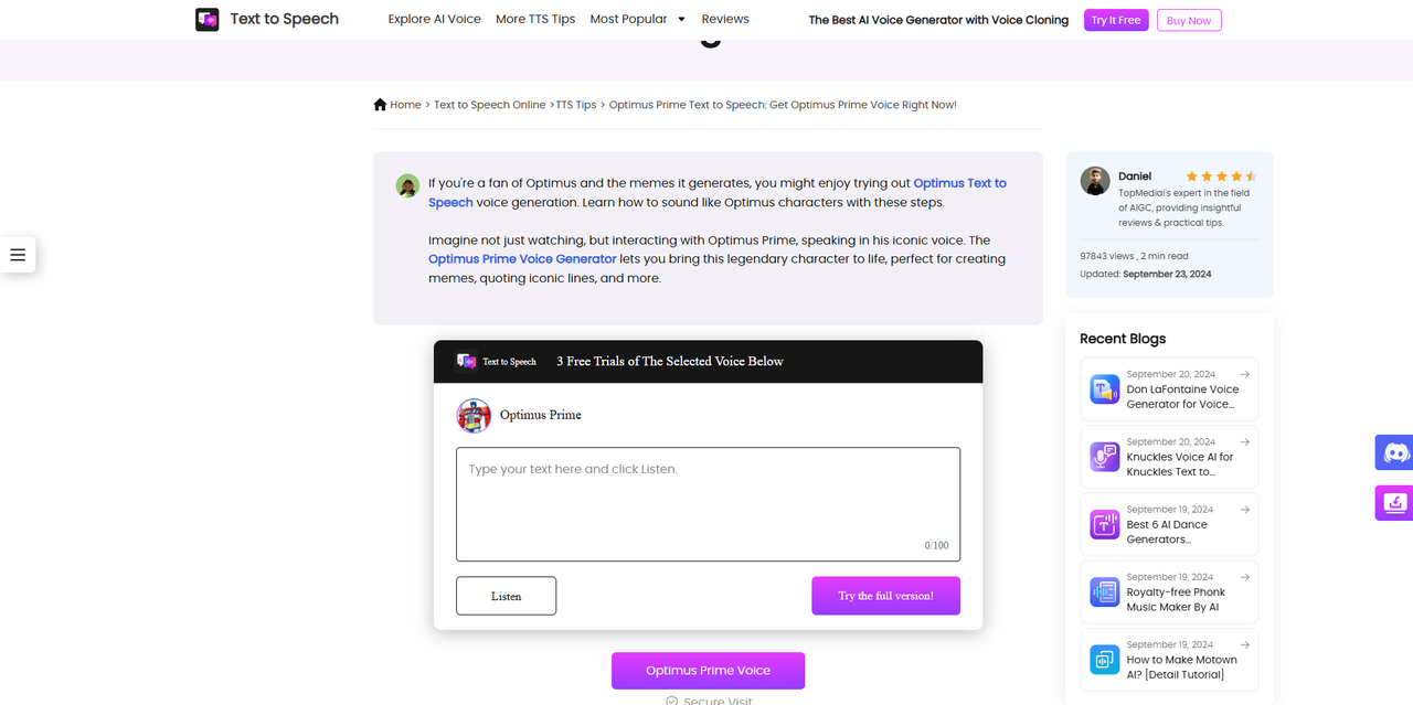 Interface of TopMediai - an efficient way to make Optimus Prime AI voices