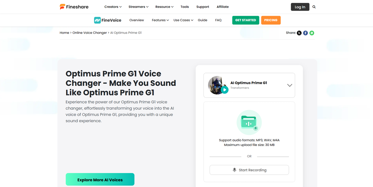  Interface of Fineshare - the perfect online tool for Optimus Prime AI voices