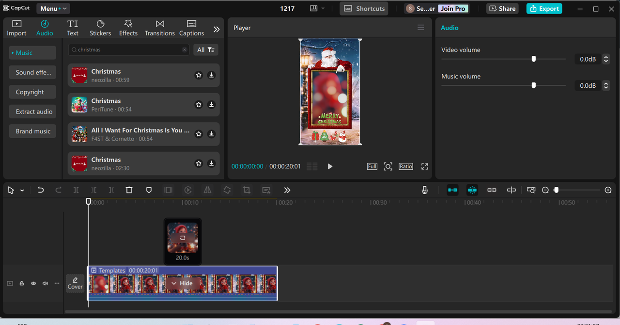 Editing interface of CapCut desktop video editor - the perfect tool to add the sound of Santa bells