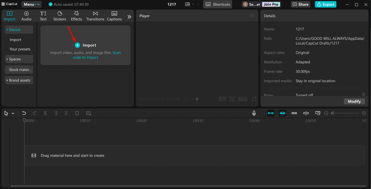 Uploading the video to the CapCut desktop video editor 