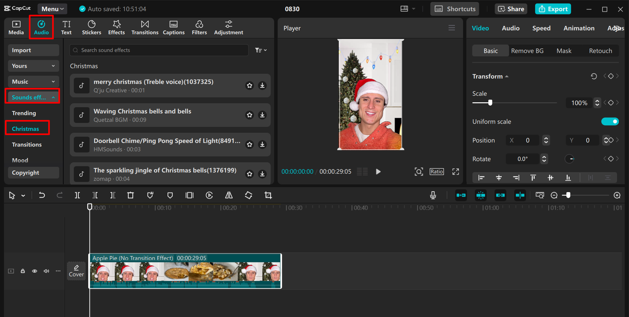 Adding and adjusting Christmas bells ringing sound effects in CapCut desktop video editor 