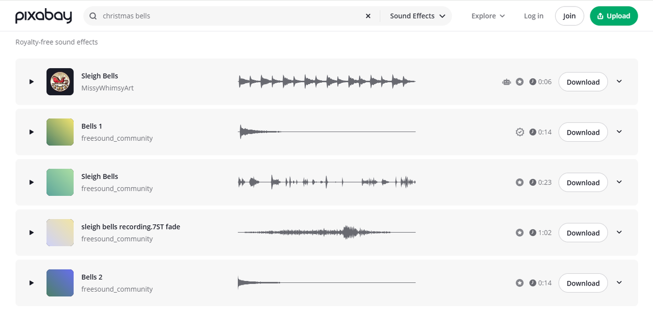 Interface of Pixabay - a well-known platform for Santa bells sound