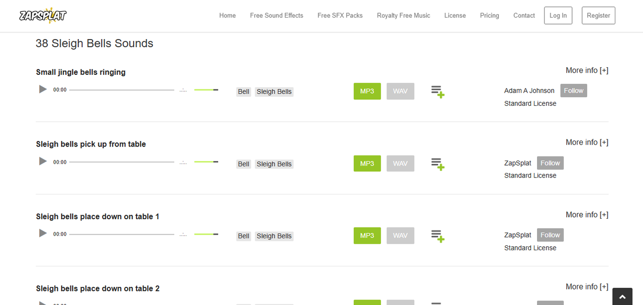 Interface of ZapSplat - the best platform for sleigh bells sound effect