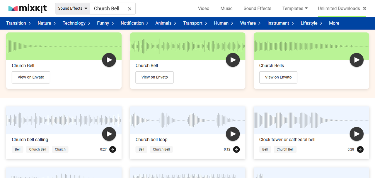 Interface of Mixkit -  the popular website for getting Christmas church bells sound effect