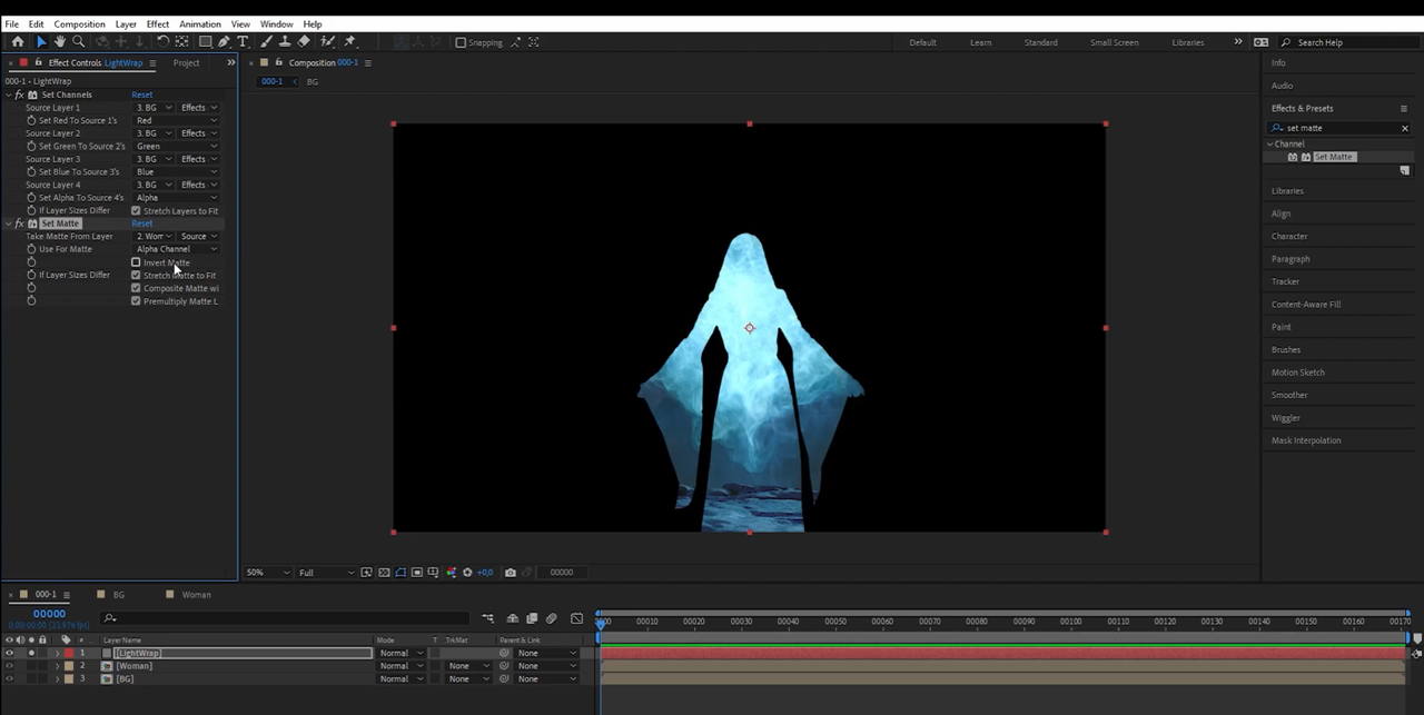 Applying the "Set Matte" effect to create AE light wrap in After Effects