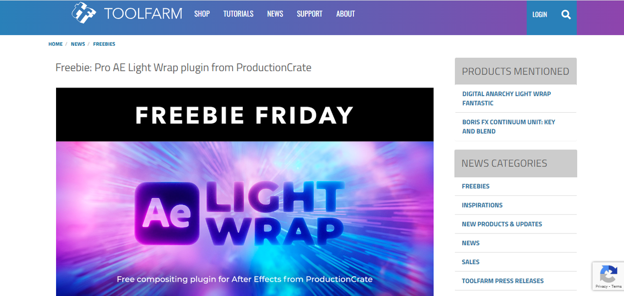 Interface of Toolfarm - best website to download AE light wrap