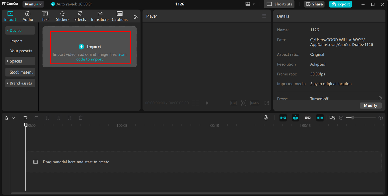 Uploading media in the CapCut desktop video editor