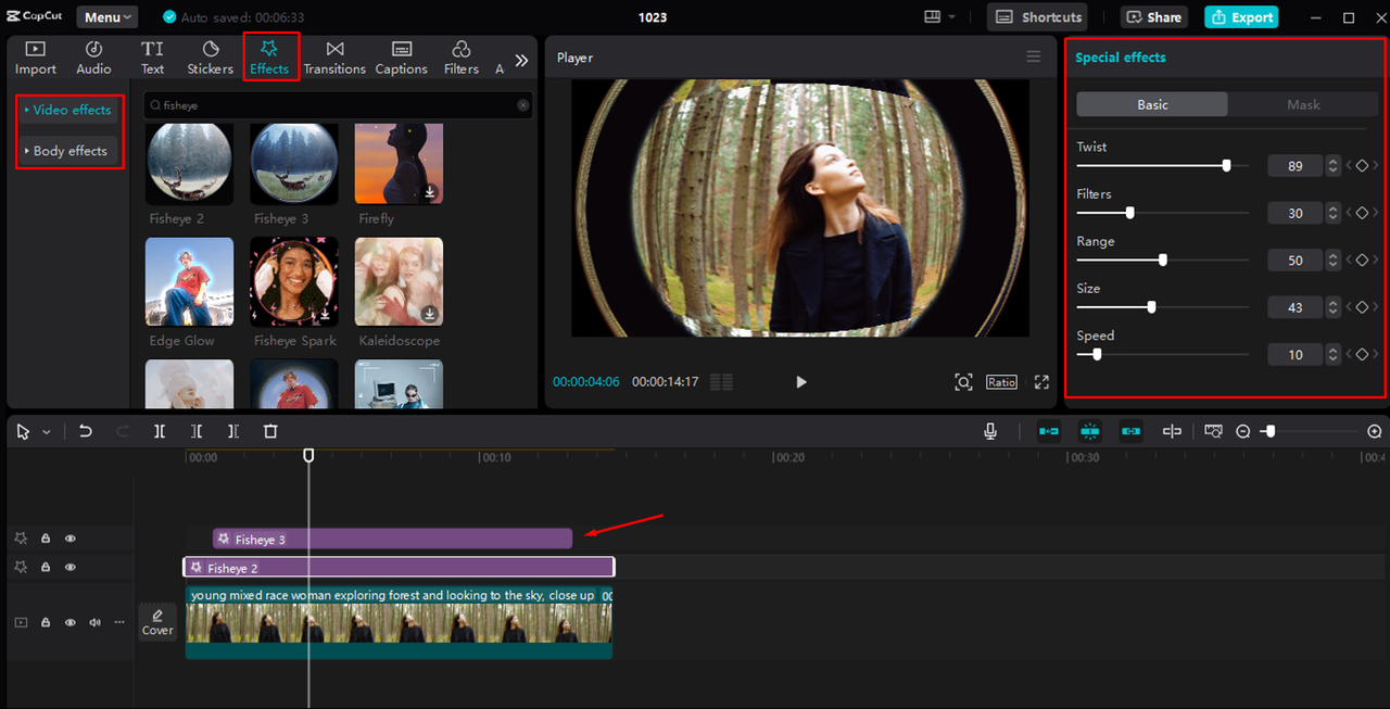 Applying the fisheye effect to videos in the CapCut desktop video editor