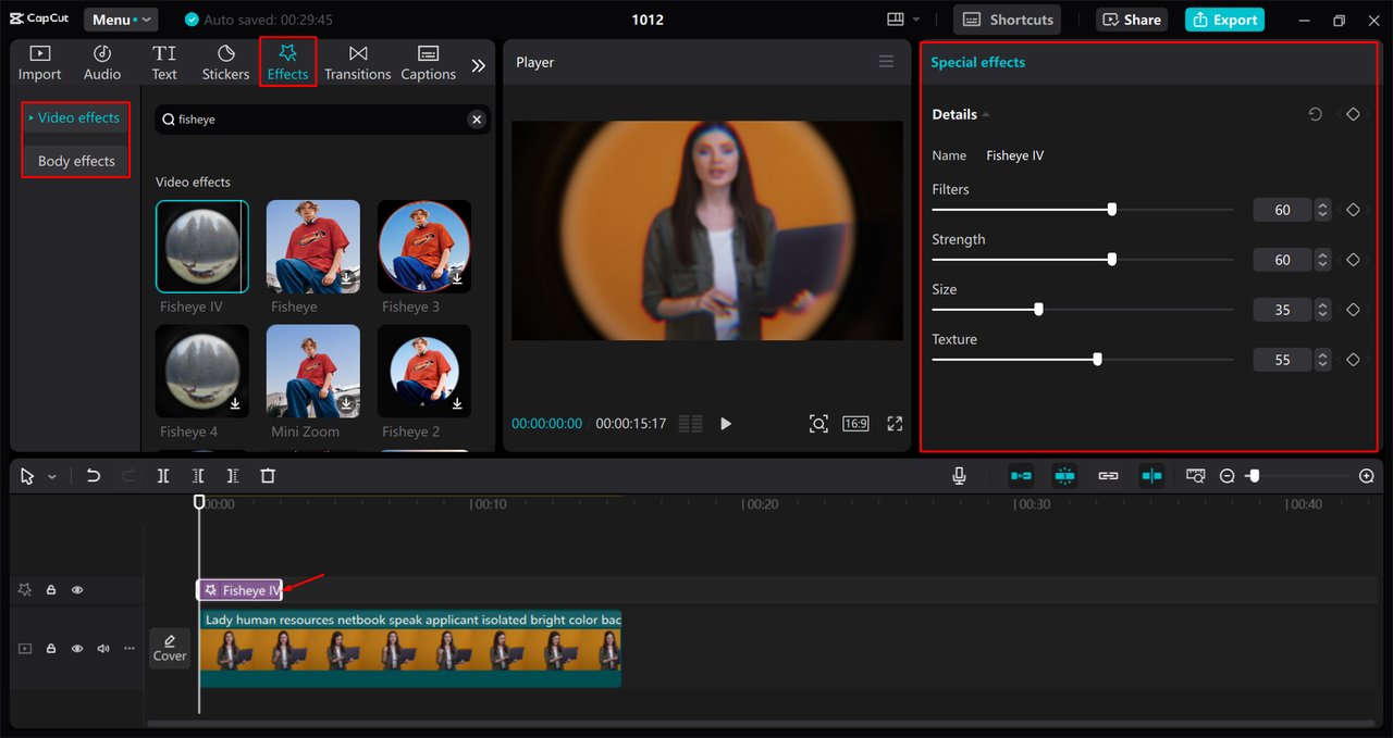 Adding and adjusting the fisheye effect in the CapCut desktop video editor