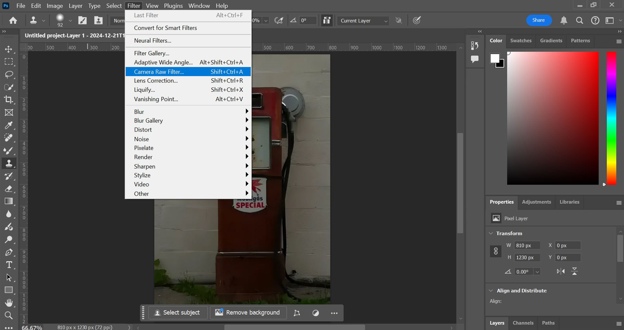 Click on Camera Raw (Image upscaler Adobe)