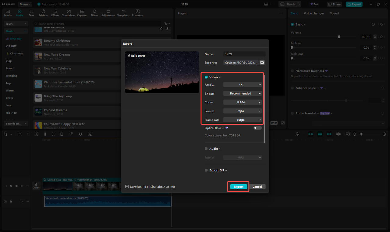 Export and share the timelapse video