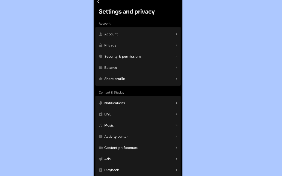 Settings and privacy in TikTok