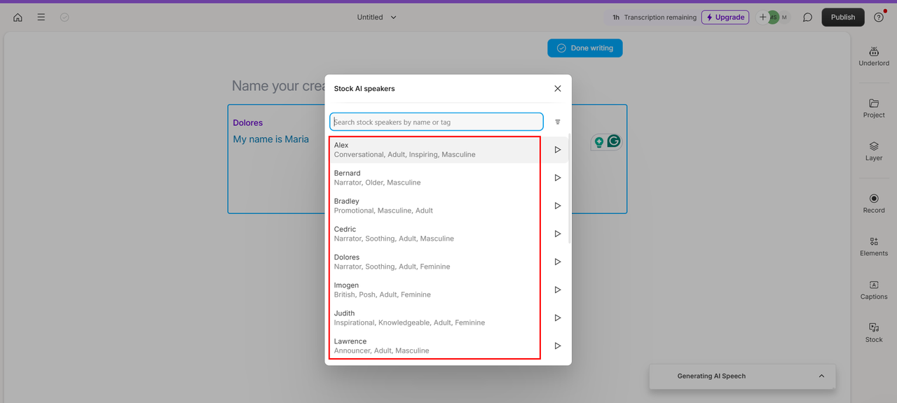 Selecting a voice AI speaker in Lyrebird AI