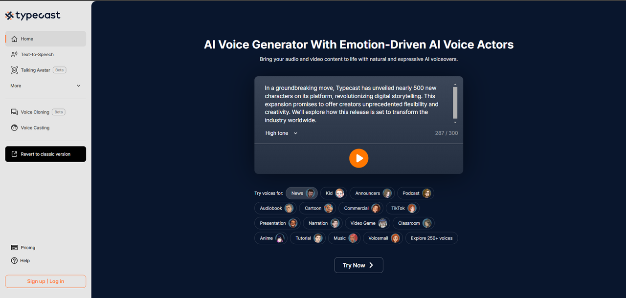 Interface of Typecast AI - an easy-to-use AI voice actor