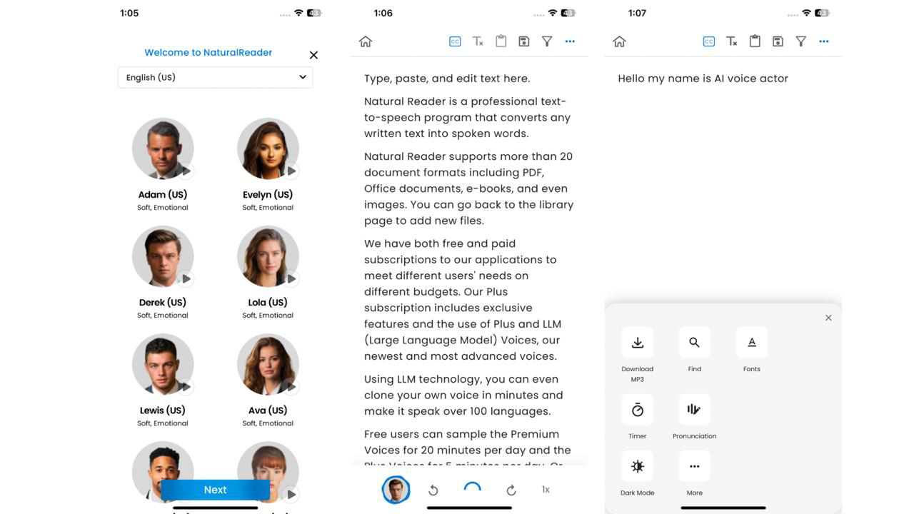 Interface of the Natural Reader - the perfect AI voice actor for mobile users