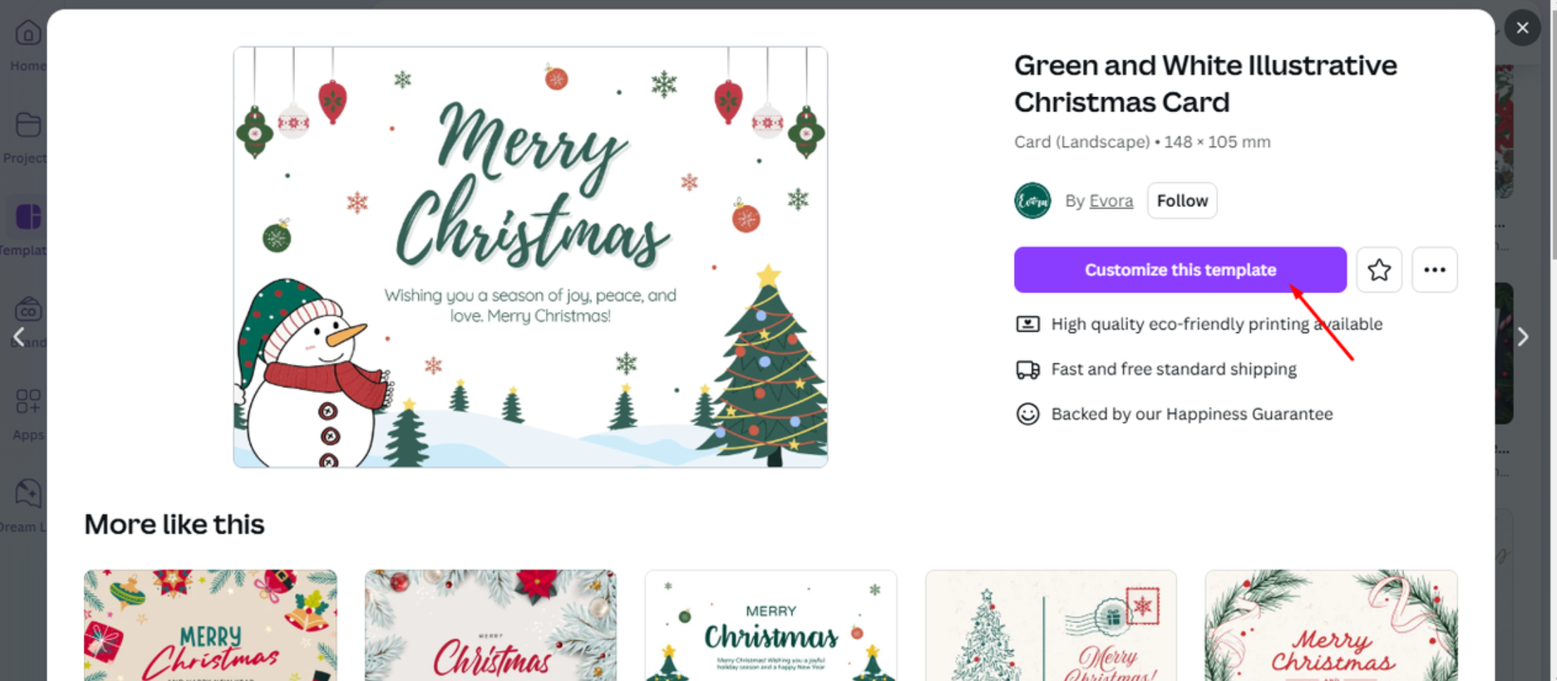 Customizing a Christmas card template in Canva