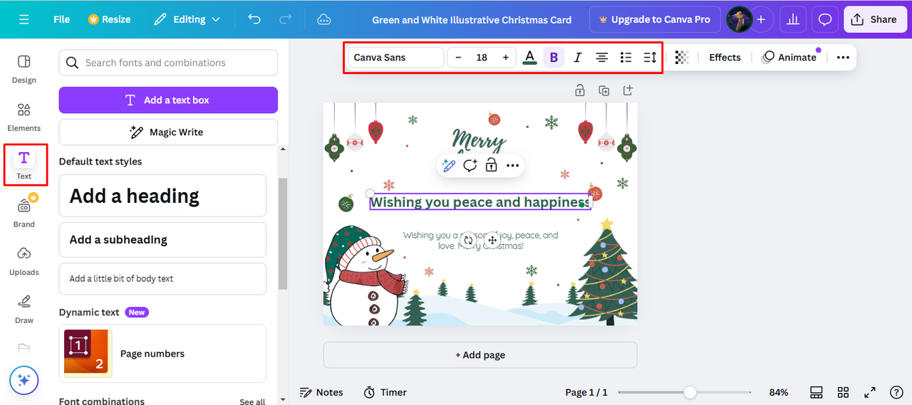 Adding a personal greeting text to a Canva Christmas card design