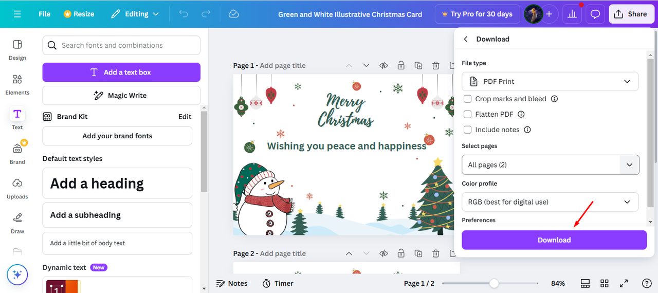 Downloading the Christmas card in Canva