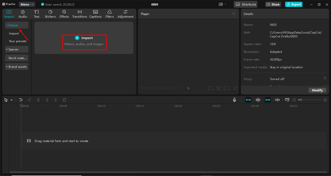 Uploading media to the CapCut desktop video editor 