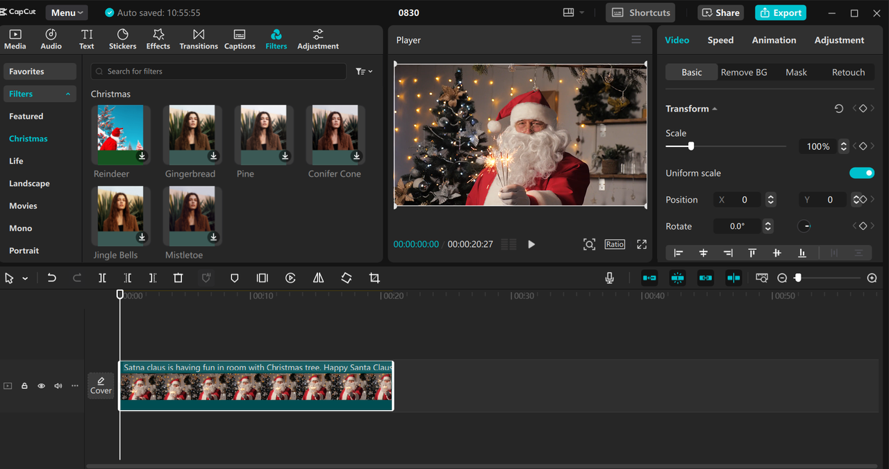 Interface of CapCut desktop video editor - a professional platform to add Christmas filters to photos