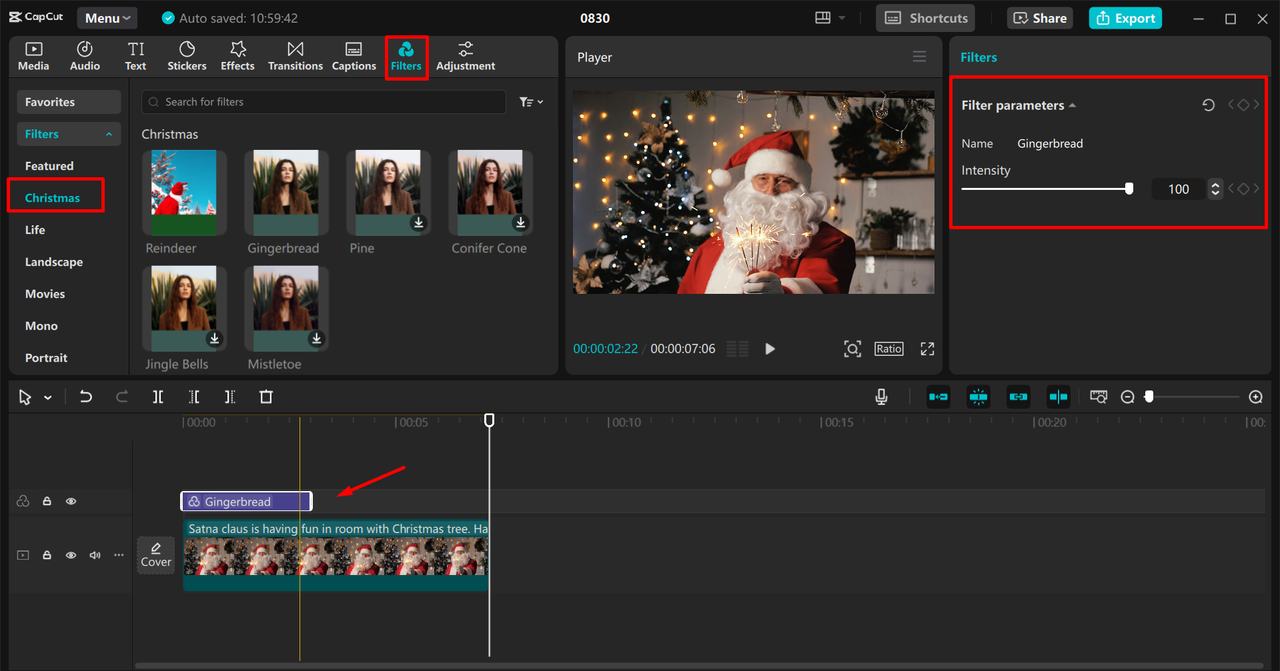 Applying Christmas filters to photos in the CapCut desktop video editor