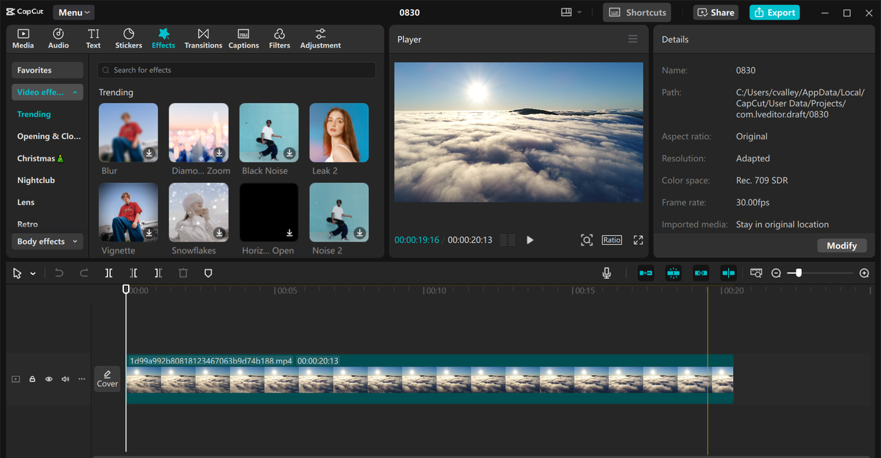 CapCut desktop video editor interface - reliable software to apply light effects