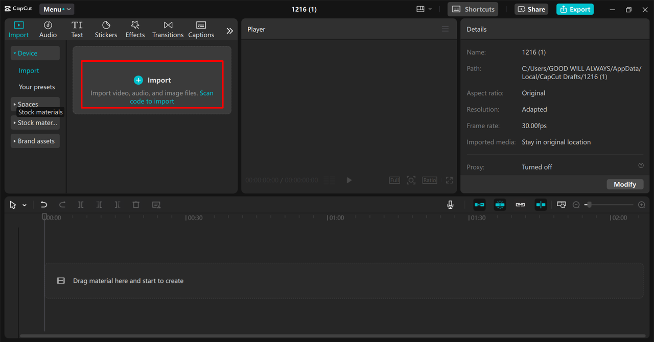 Importing video in CapCut desktop video editor