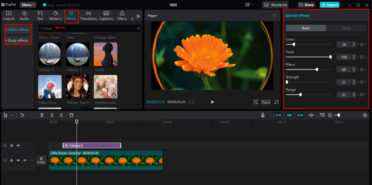 Adding a fisheye effect to videos in the CapCut desktop video editor