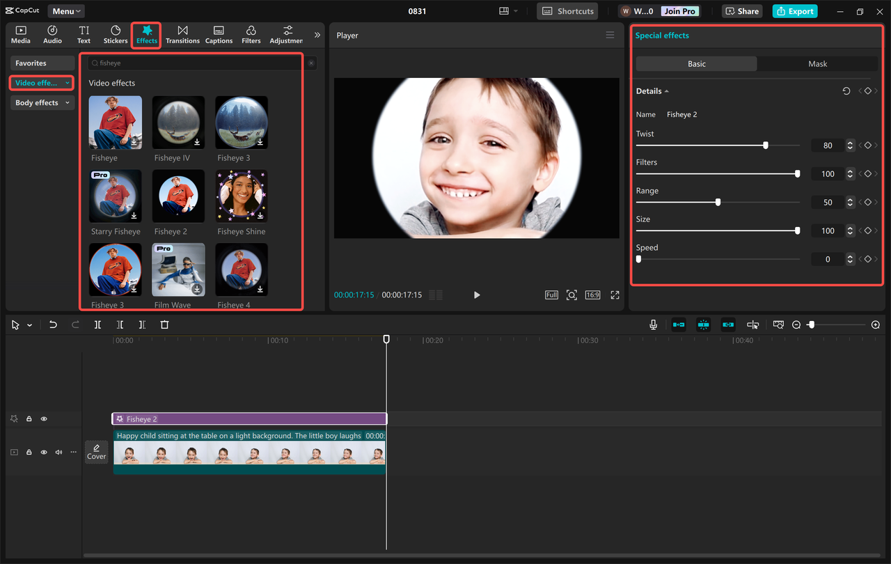 Applying the fisheye effect on the CapCut desktop video editor