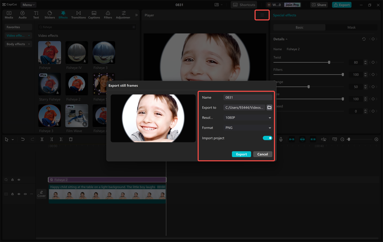 Exporting images from the CapCut desktop video editor