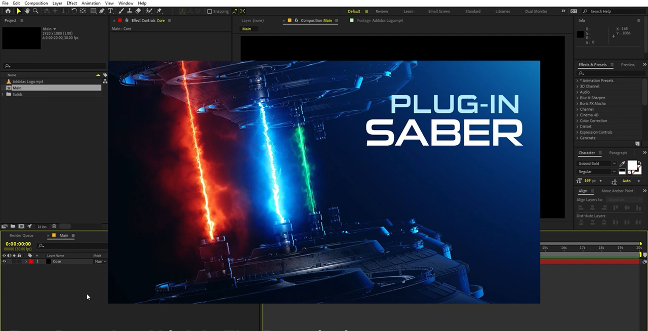 Installing the Saber plugin for a lens flare effect in After Effects