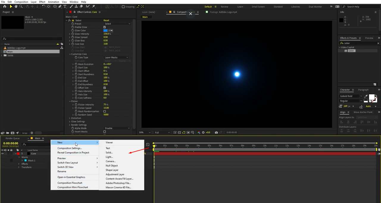 Using the Saber effect lens flare plugin in After Effects