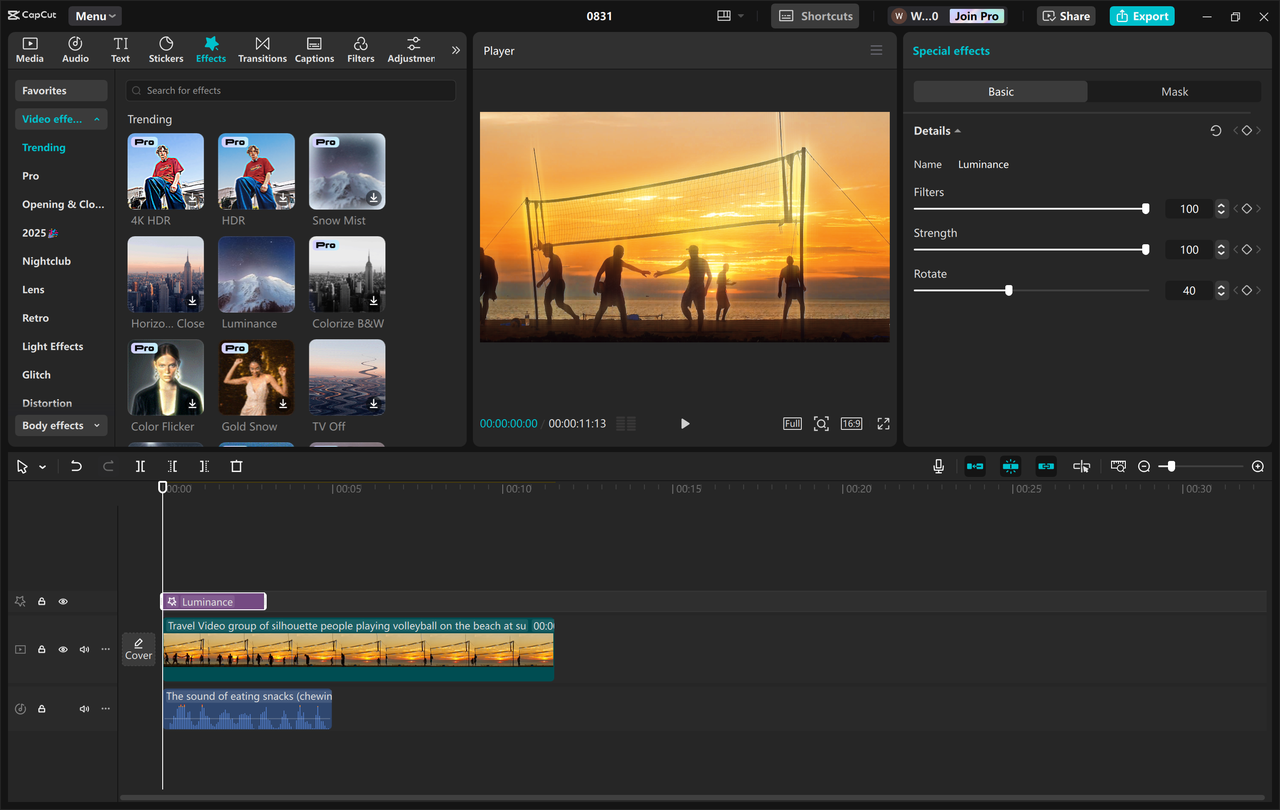 Interface of the CapCut desktop video editor - an easy way to add effects to videos on a PC