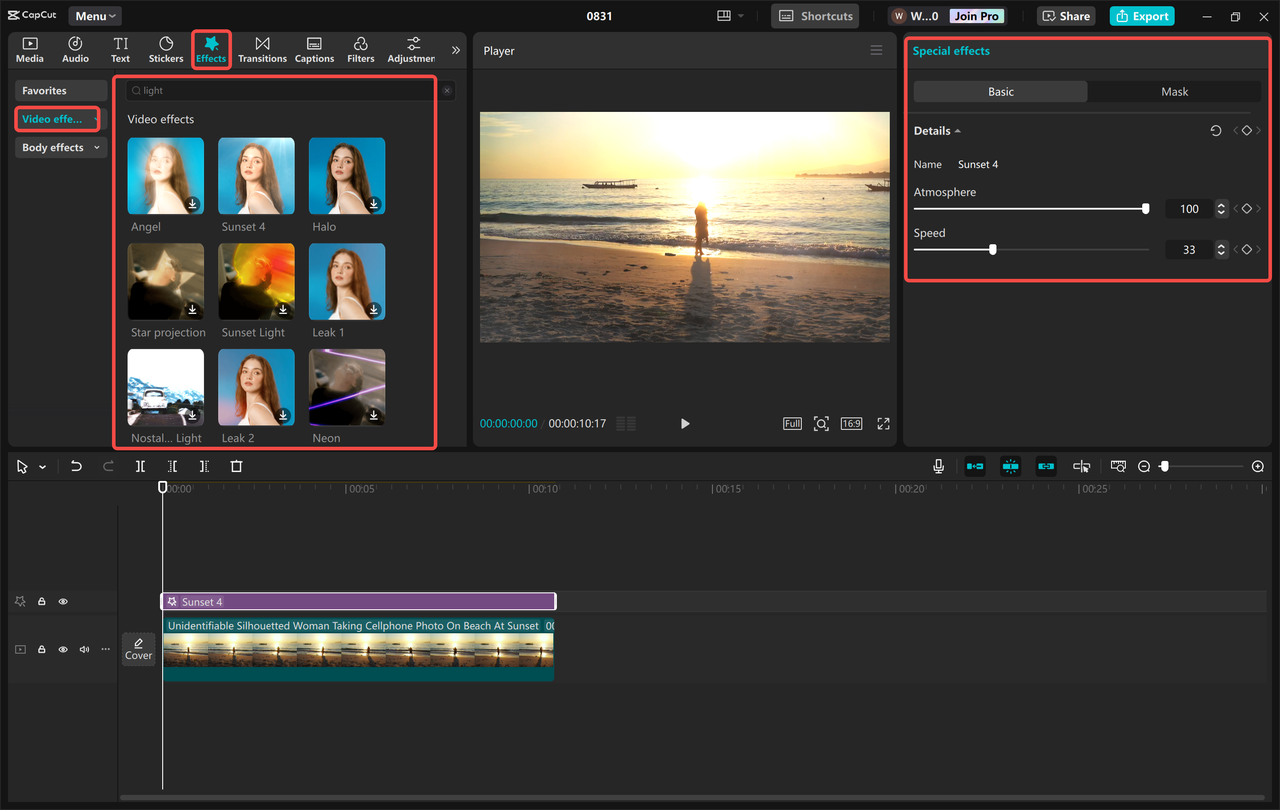 Applying effects to videos in the CapCut desktop video editor