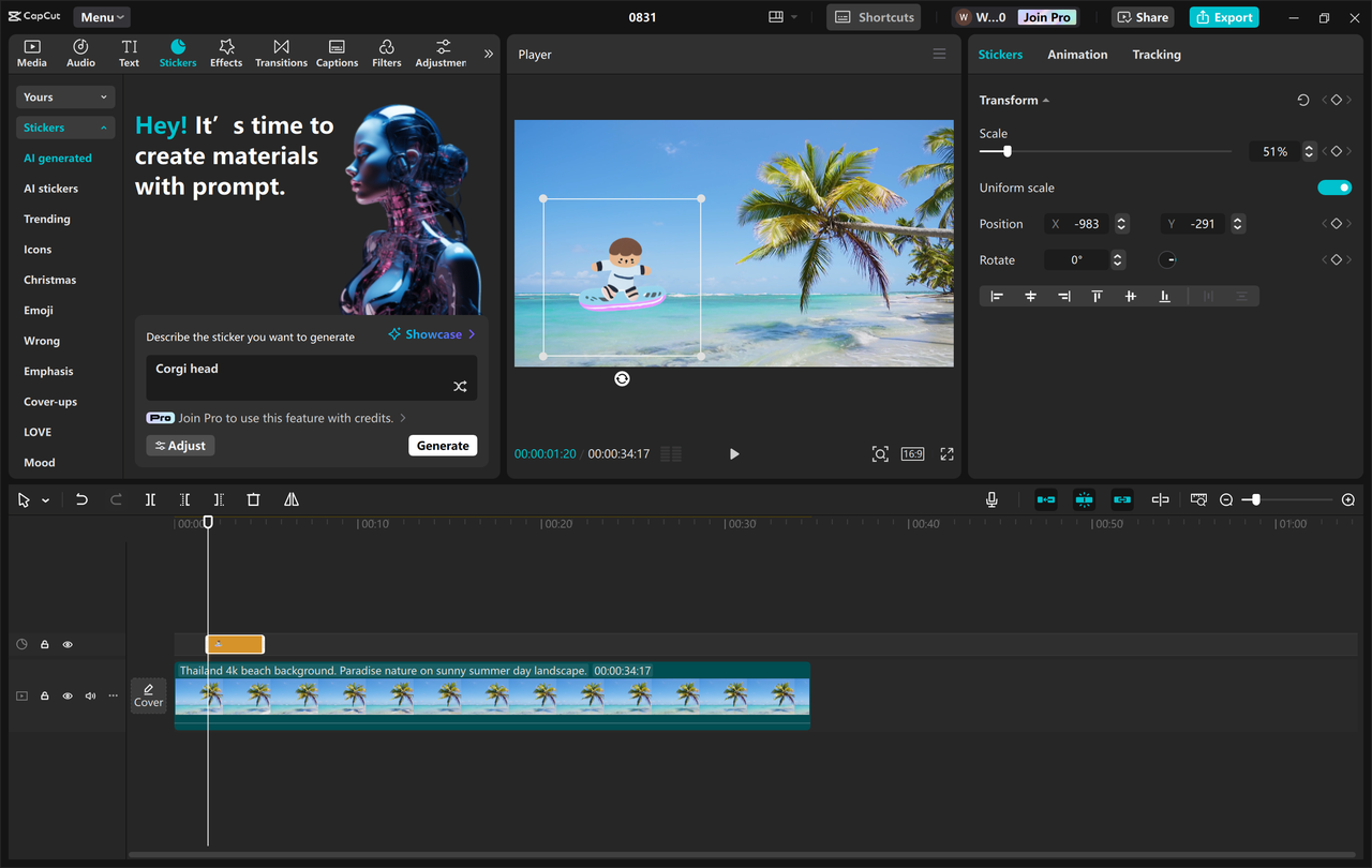 Editing interface of the CapCut desktop video editor - a perfect tool to generate visuals with AI