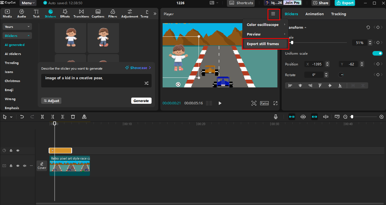 Exporting an image from the CapCut desktop video editor