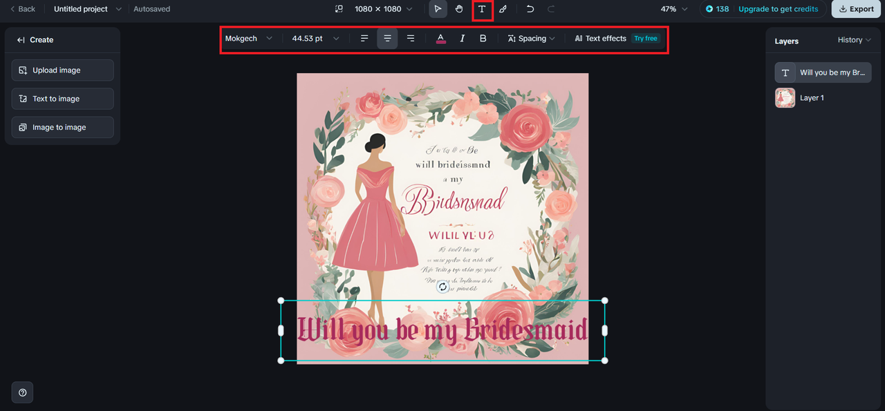 Adding 'Text Overlay' and 'Text Effects' to the bridesmaid card